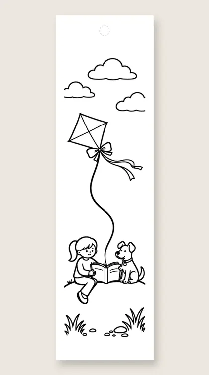Reading on a kite hill: dog coloring bookmark