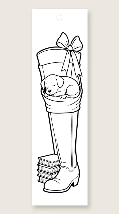 Puppy in a basket: dog coloring bookmark