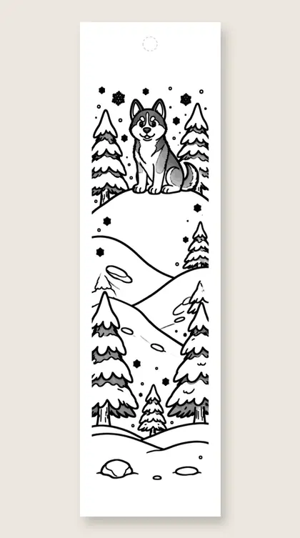 Husky puppy on the snowy hill: coloring bookmark