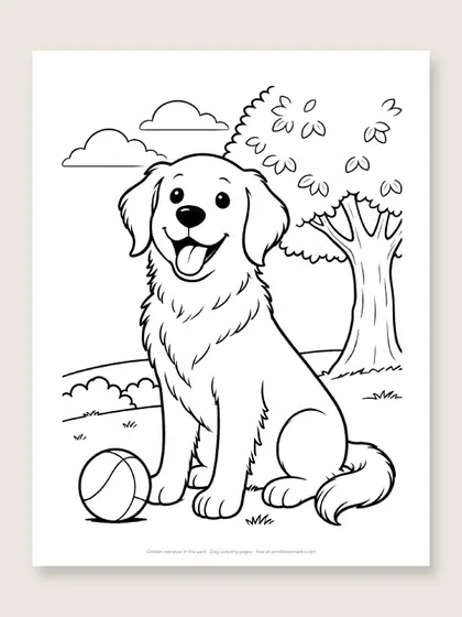 Golden retriever in the park: dog coloring page