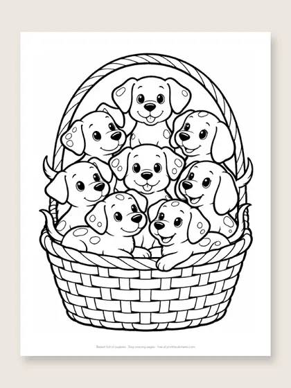 Basket full of puppies: dog coloring page