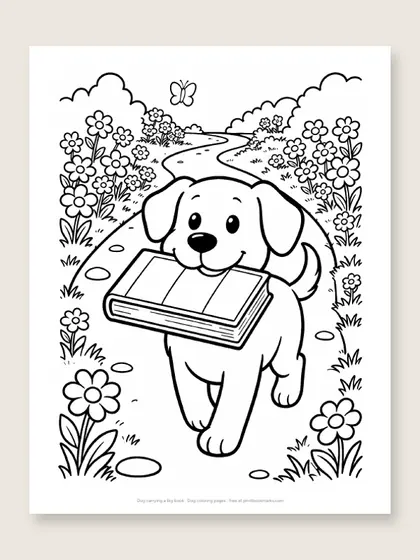 Dog carrying a big book: dog coloring page