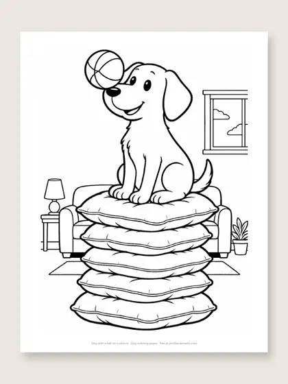 Dog with a ball on cushions: dog coloring page