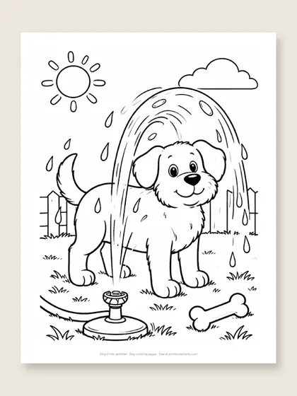 Dog in the sprinkler: dog coloring page