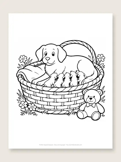 Mother dog and puppies: dog coloring page