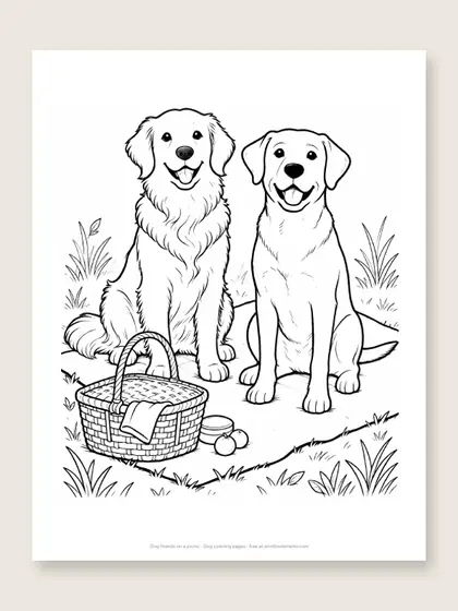 Dog friends on a picnic: dog coloring page