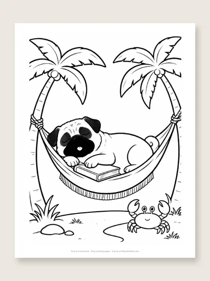 Pug in a hammock: dog coloring page