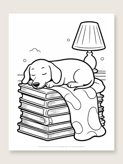 Dachshund sleeping on books: dog coloring page