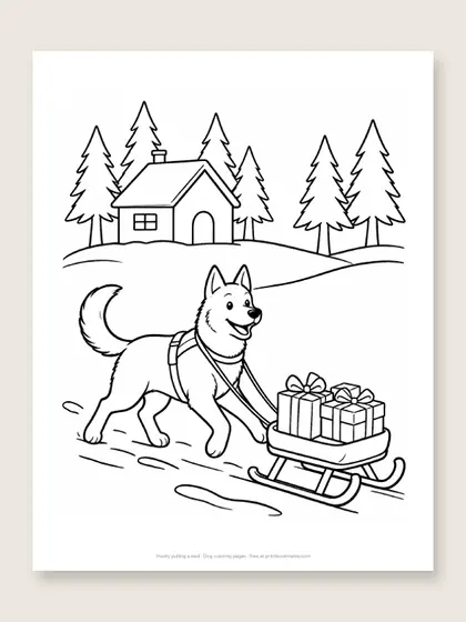 Husky pulling a sled: dog coloring page