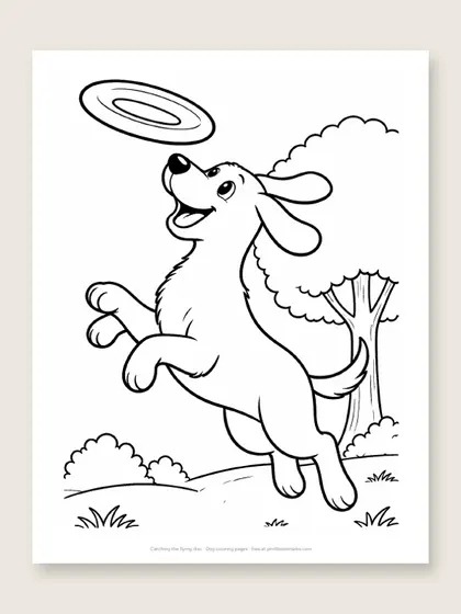 Catching the flying disc: dog coloring page