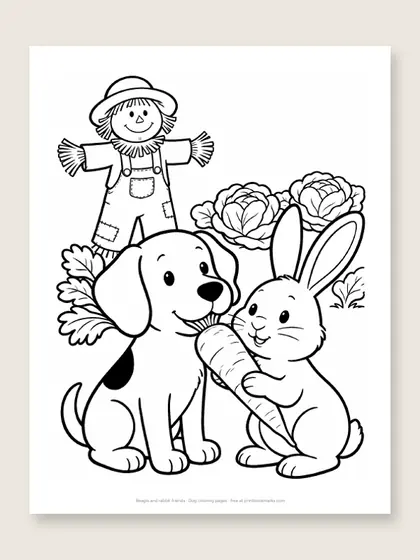 Beagle and rabbit friends: dog coloring page