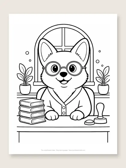 The corgi librarian helps: dog coloring page