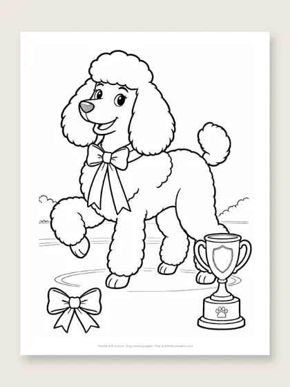 Poodle with a prize: dog coloring page