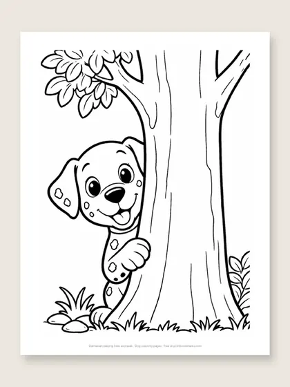 Dalmatian playing hide and seek: dog coloring page