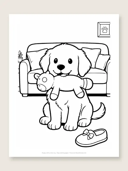 Puppy with a chew toy: dog coloring page