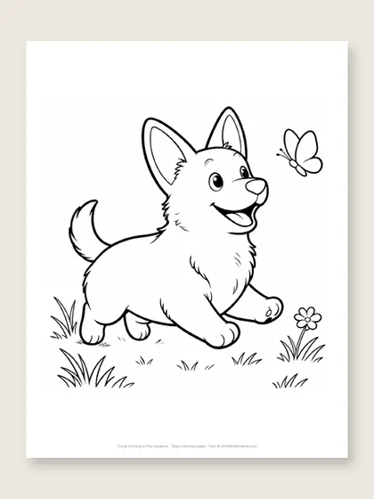 Corgi running in the meadow: dog coloring page
