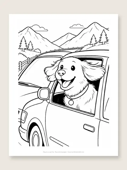 Dog on a road trip: dog coloring page