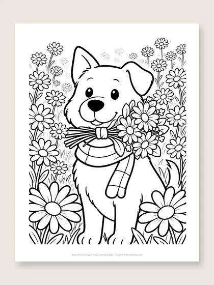 Dog with a bouquet: dog coloring page
