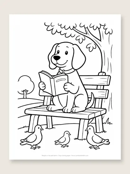 Beagle on the park bench: dog coloring page