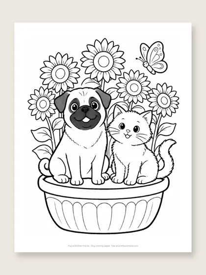 Pug and kitten friends: dog coloring page