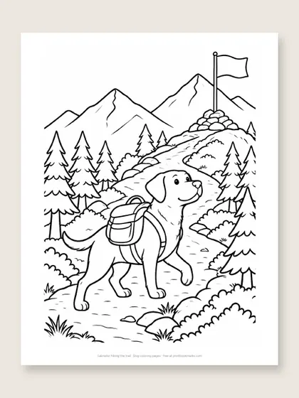 Labrador hiking the trail: dog coloring page