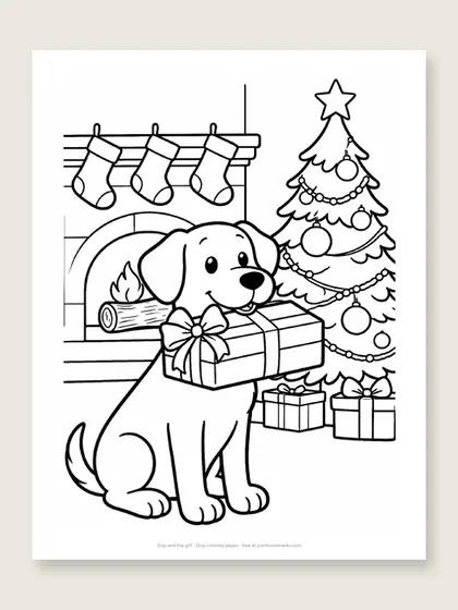 Dog and the gift: dog coloring page