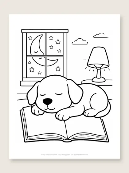 Puppy asleep over a book: dog coloring page