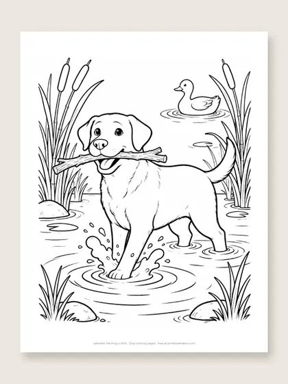 Labrador fetching a stick: dog coloring page