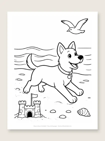 Dog running on the beach: dog coloring page