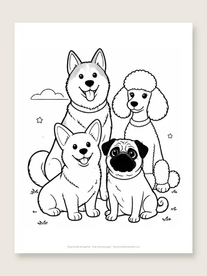 Dog friends all together: dog coloring page