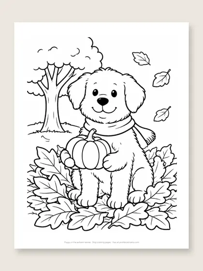 Puppy in the autumn leaves: dog coloring page