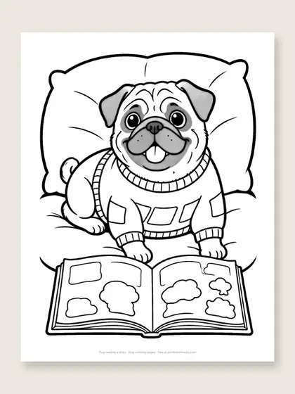 Pug reading a story: dog coloring page