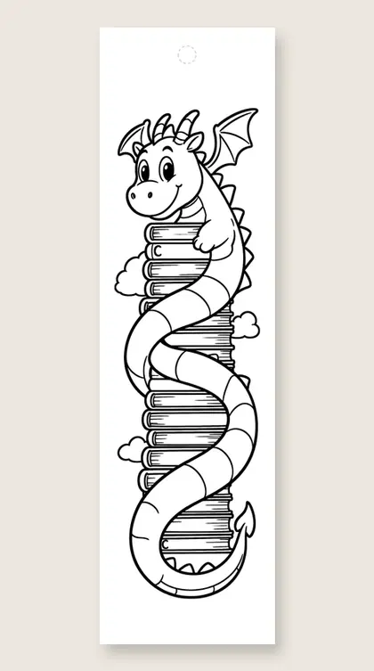 Dragon on a tower of books: coloring bookmark