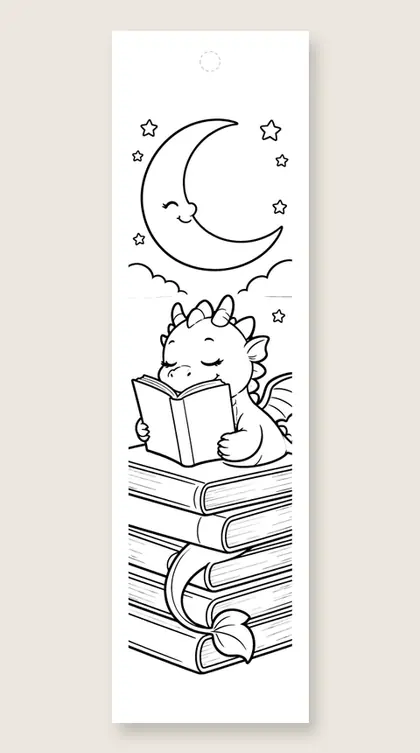 Dragon napping on storybooks: coloring bookmark