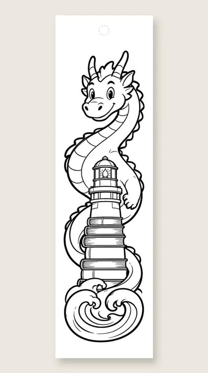 Dragon and the book lighthouse: coloring bookmark