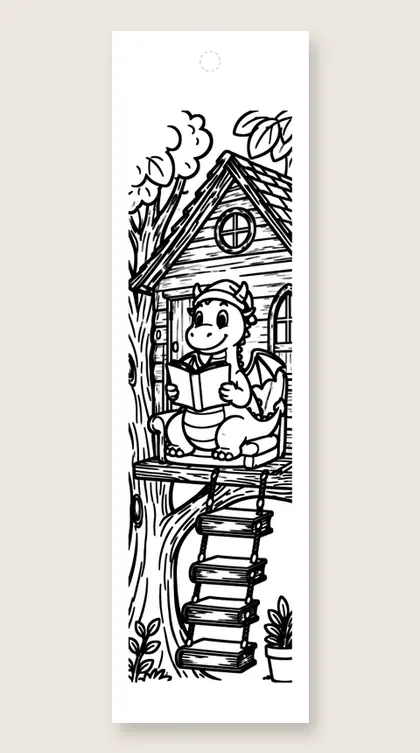 Dragon in a reading treehouse: dragon coloring bookmark