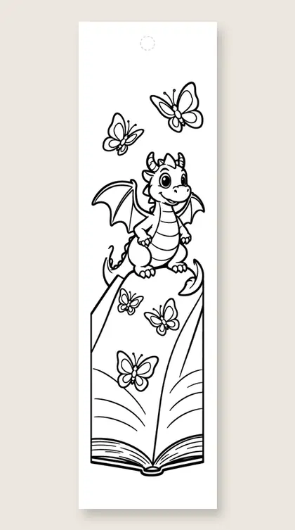 Dragon and book butterflies: dragon coloring bookmark