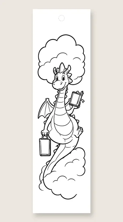 Dragon holding a ribbon bookmark: dragon coloring bookmark