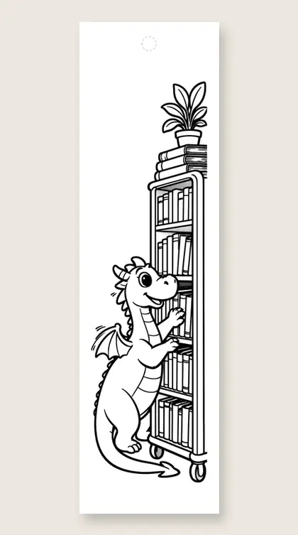 Dragon shelving library books: dragon coloring bookmark