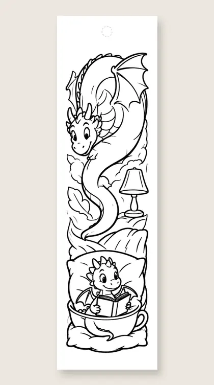 Cozy reading nook dragons: dragon coloring bookmark