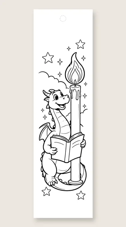 Dragon curled around a candle: dragon coloring bookmark