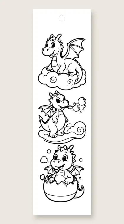 Three dragons hatch and grow: dragon coloring bookmark