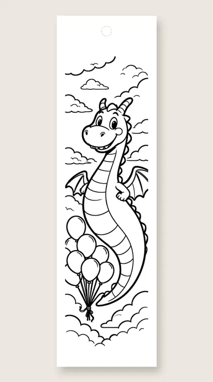 Dragon with party balloons: dragon coloring bookmark