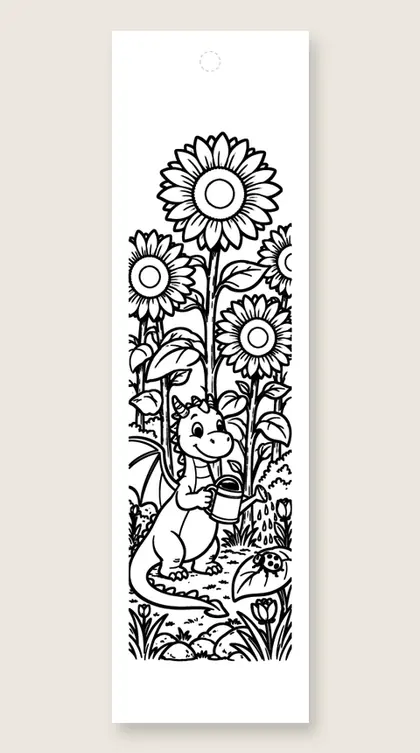 Dragon in the sunflower garden: dragon coloring bookmark
