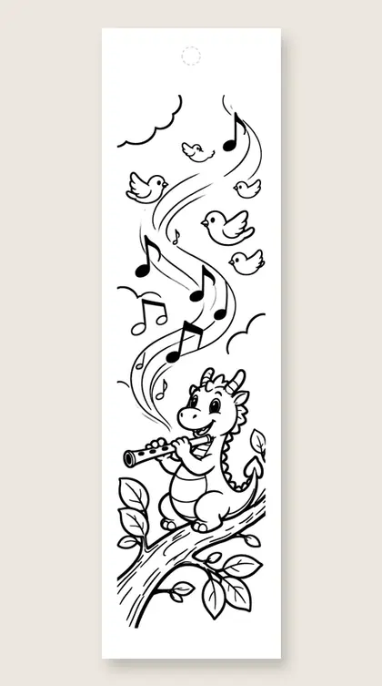 Dragon playing the flute: dragon coloring bookmark