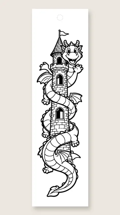 Dragon guarding the castle tower: dragon coloring bookmark