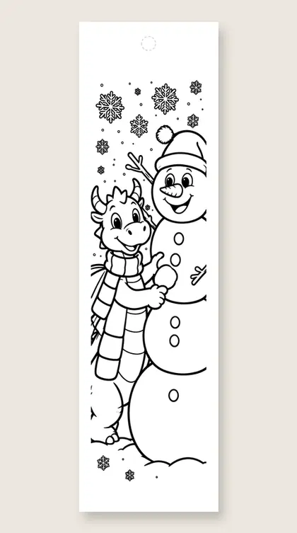 Winter dragon and snowman: dragon coloring bookmark