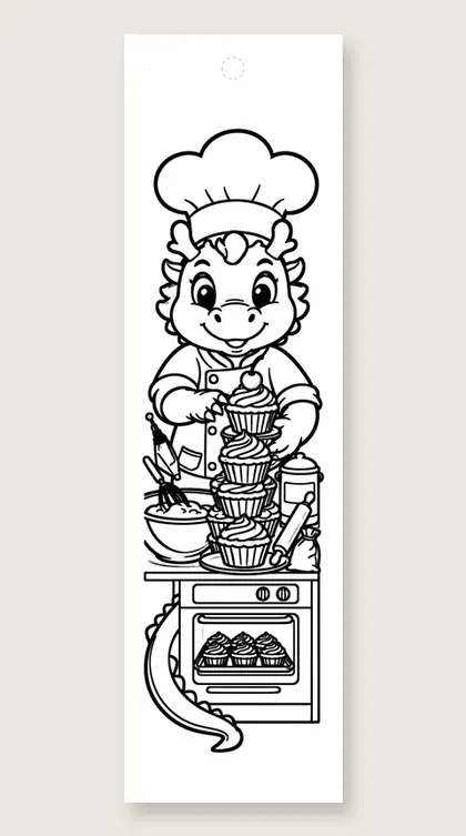 Dragon bakes cupcakes: dragon coloring bookmark