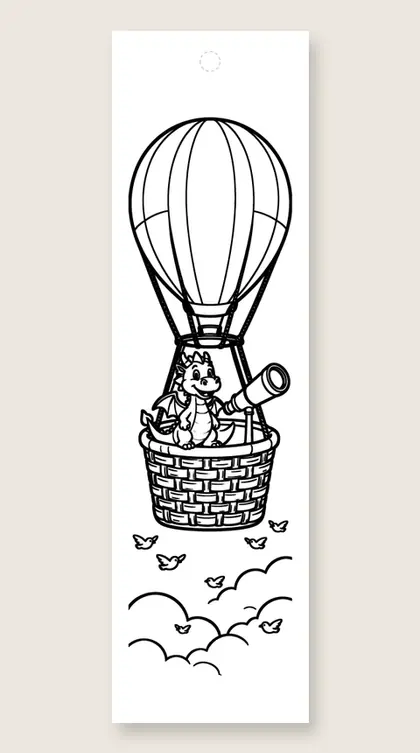 Dragon in a hot air balloon: dragon coloring bookmark