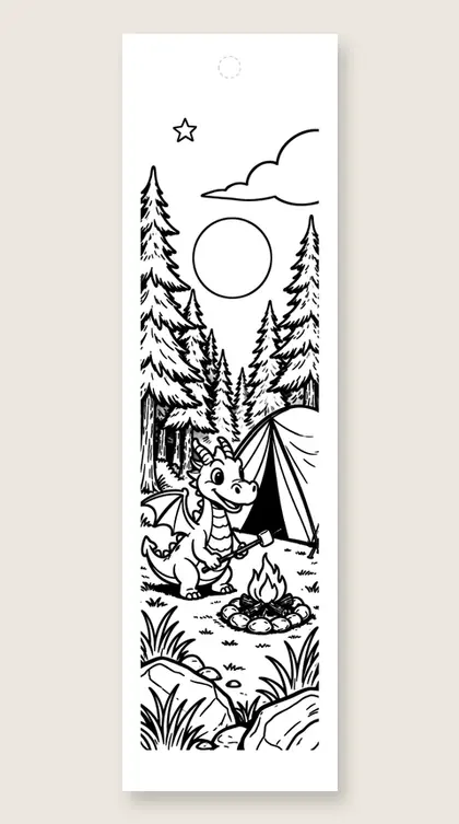 Camping dragon under the stars: dragon coloring bookmark